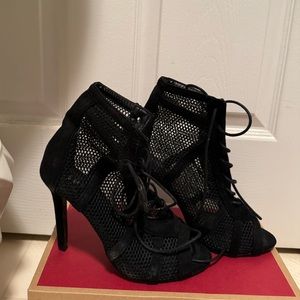 Women Peep Toe Minimalist Lace-Up Front Mesh Stiletto Black Heeled Boots Size 9